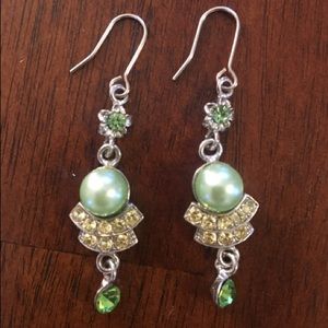 Art Deco Green "Pearl" and Rhinestone Earrings